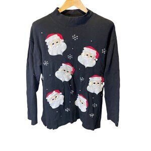 Bechamel Black Mock Neck Santa Embroidered Pullover Top Sz XL